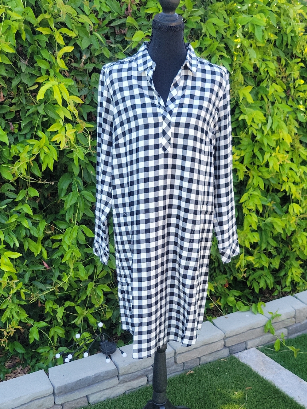J. Jill Black and White Checkered Plaid Shirt Dress With Pockets S